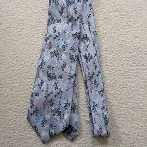 Bruno Marchesi Mens Silk Necktie Gray Silver Floral Embroidery Office Formal